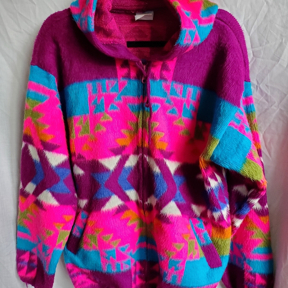 Women's Handmade Alpaca Wool Vibrant Multicolor Hooded Jacket